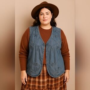 Vintage 90s Penningtons Cottagecore Denim Vest Size 18 Swirl Applique